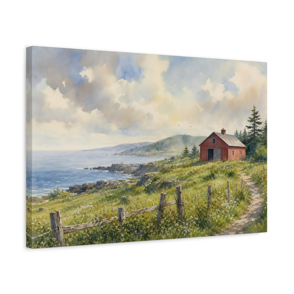 Side Mockup 3. Nature Coastal Barn Coastal Landscape shown as stretched canvas wall art