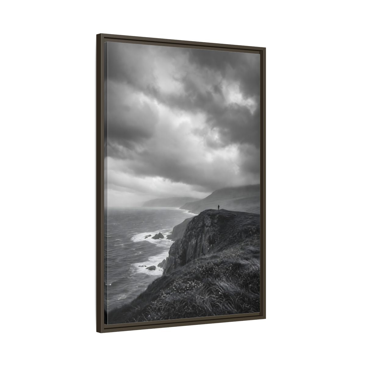 Main Mockup. Nature Coastal Cliff Black And White Coast shown as stretched canvas wall art