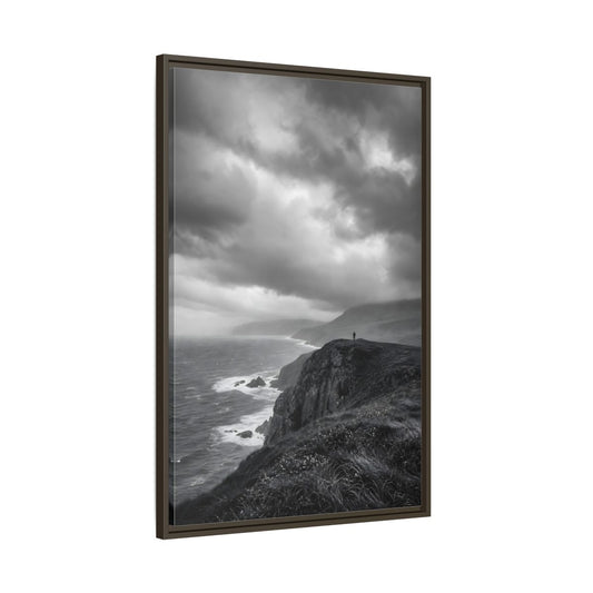 Main Mockup. Nature Coastal Cliff Black And White Coast shown as stretched canvas wall art