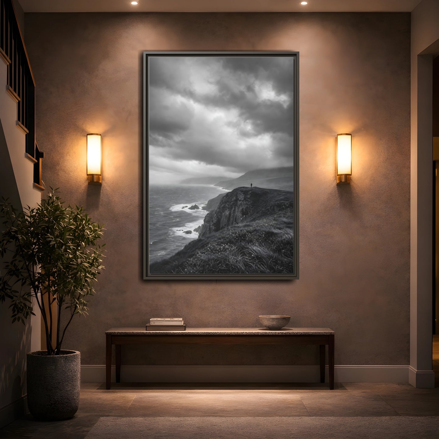 Mockup 2. Nature Coastal Cliff Black And White Coast shown as stretched canvas wall art