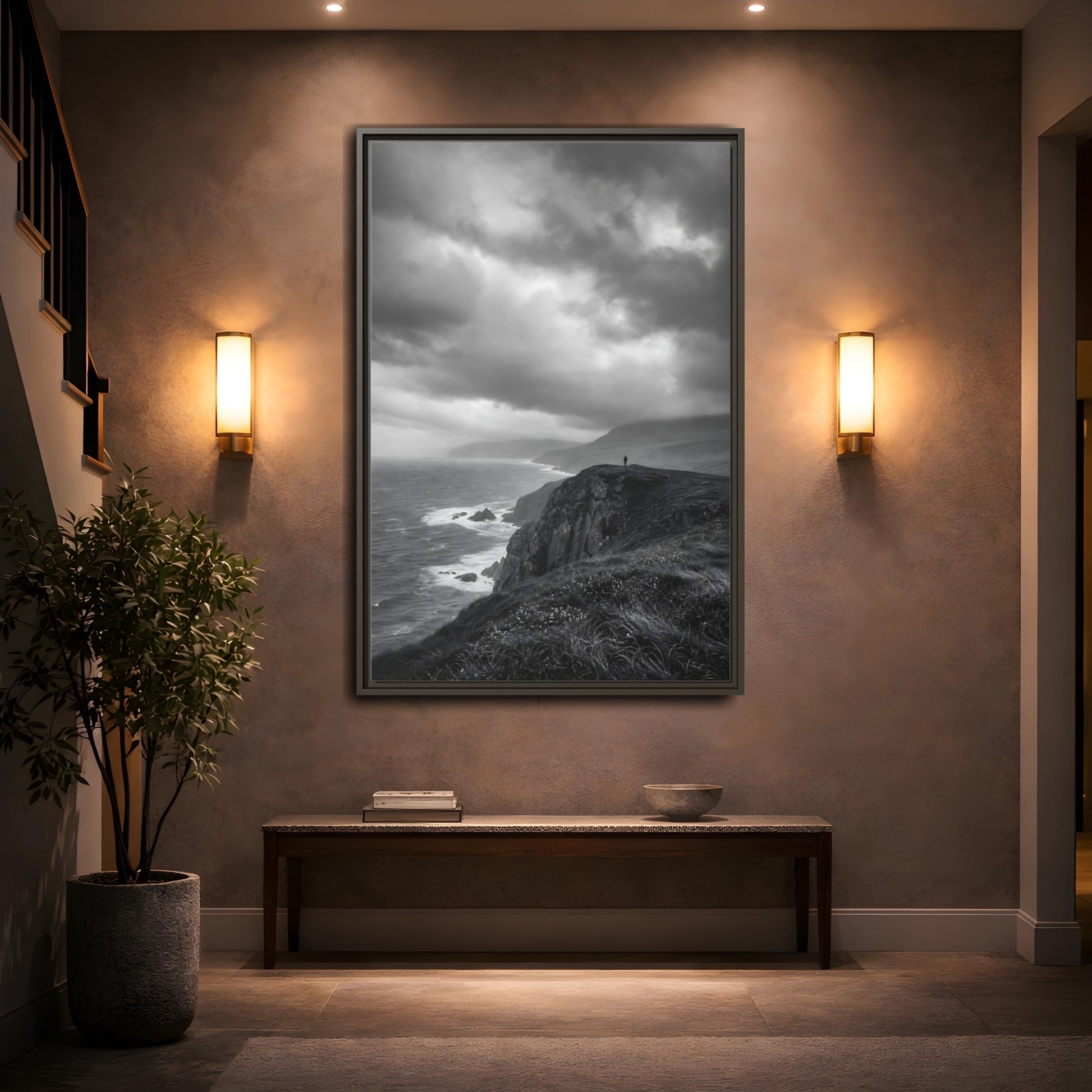 Mockup 2. Nature Coastal Cliff Black And White Coast shown as stretched canvas wall art