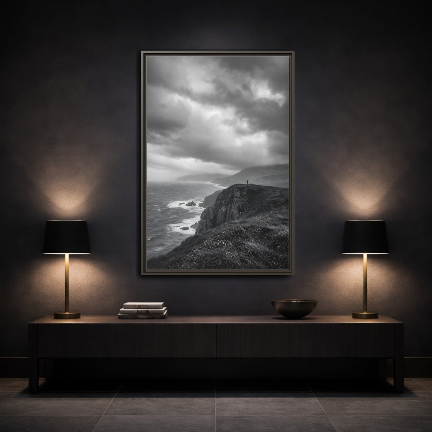 Mockup 3. Nature Coastal Cliff Black And White Coast shown as stretched canvas wall art