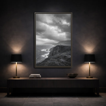 Mockup 3. Nature Coastal Cliff Black And White Coast shown as stretched canvas wall art