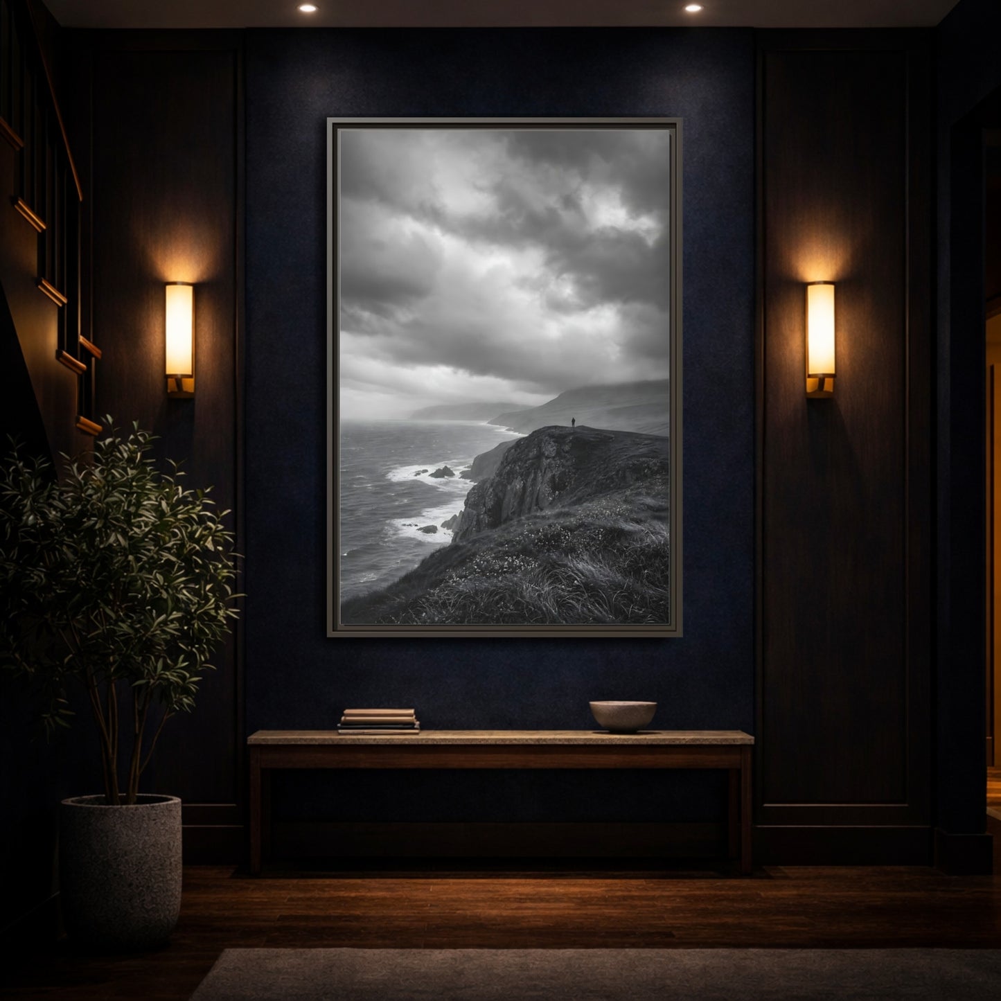 Mockup 4. Nature Coastal Cliff Black And White Coast shown as stretched canvas wall art