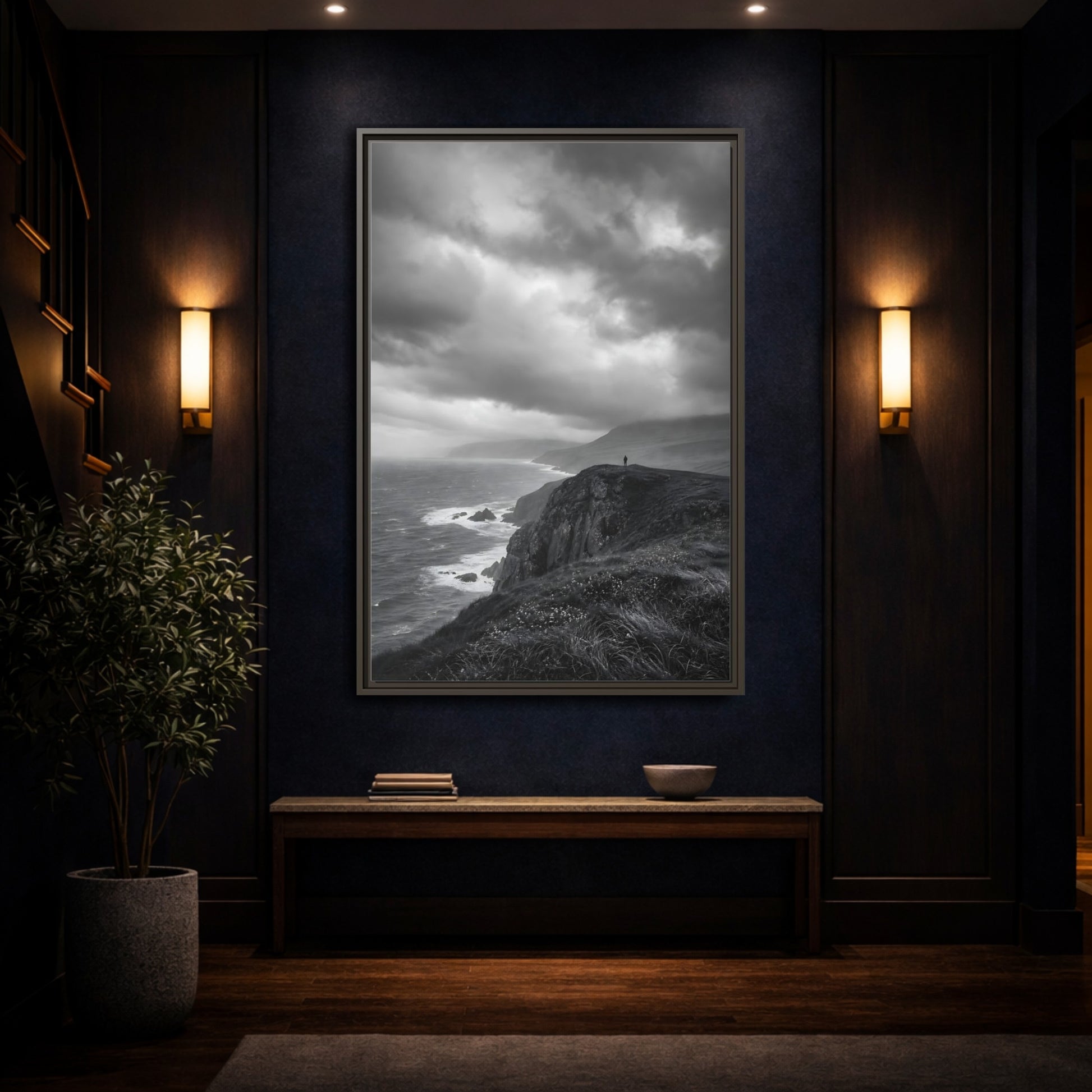 Mockup 4. Nature Coastal Cliff Black And White Coast shown as stretched canvas wall art