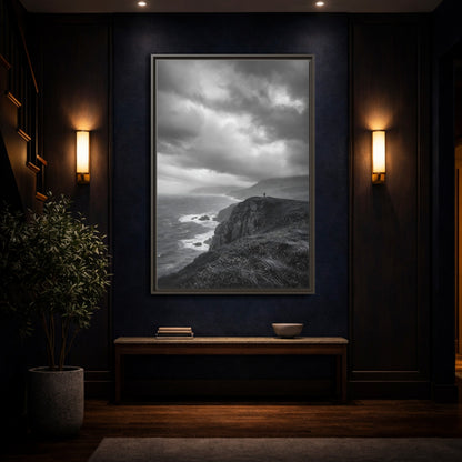 Mockup 4. Nature Coastal Cliff Black And White Coast shown as stretched canvas wall art