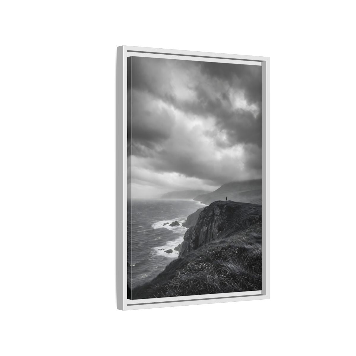 Side Mockup 1. Nature Coastal Cliff Black And White Coast shown as stretched canvas wall art