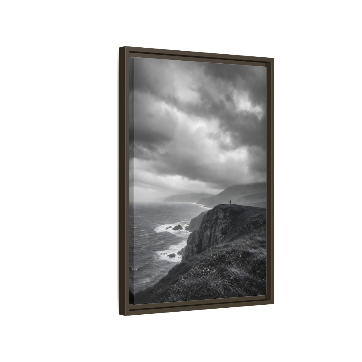 Side Mockup 2. Nature Coastal Cliff Black And White Coast shown as stretched canvas wall art