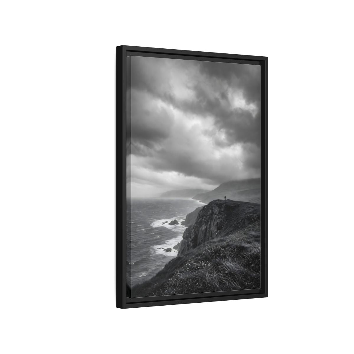 Side Mockup 3. Nature Coastal Cliff Black And White Coast shown as stretched canvas wall art