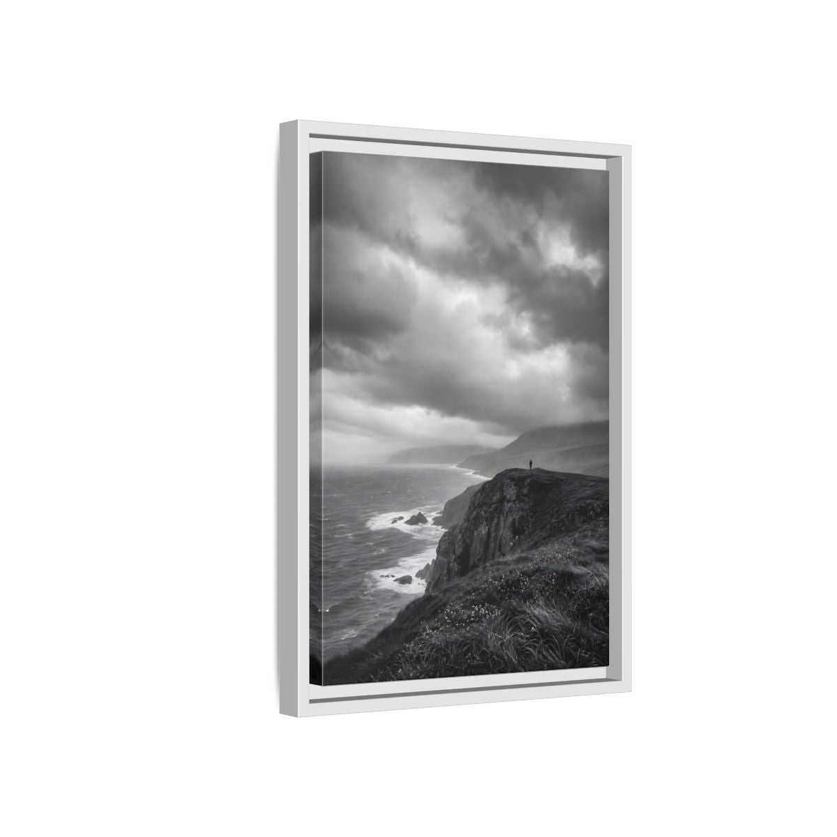 Side Mockup 4. Nature Coastal Cliff Black And White Coast shown as stretched canvas wall art