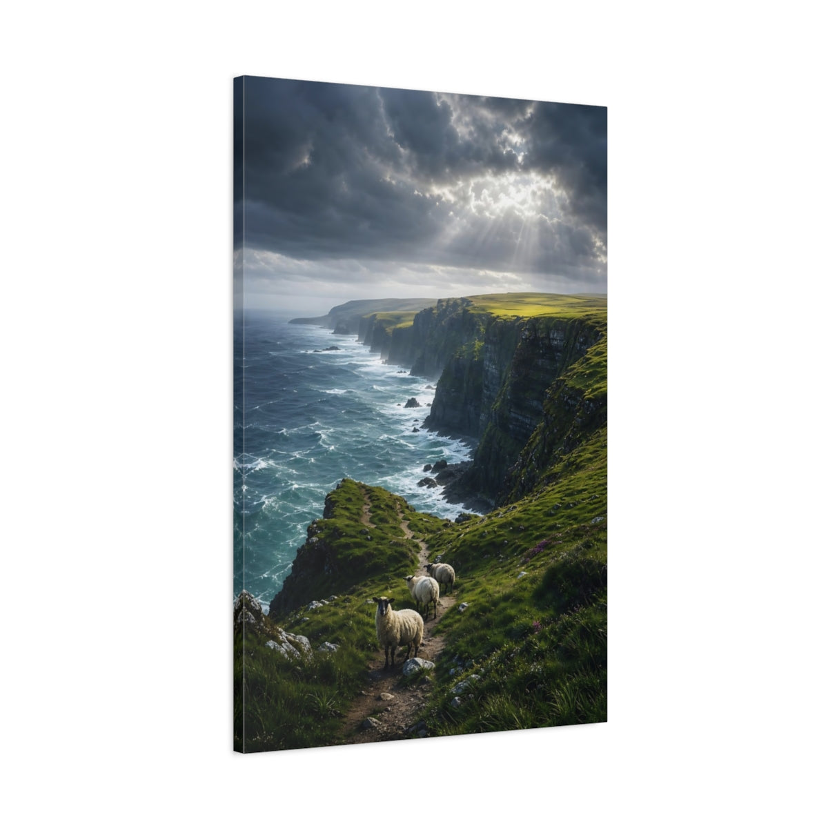Main Mockup. Nature Coastal Cliffs Dramatic Coastal Green shown as stretched canvas wall art