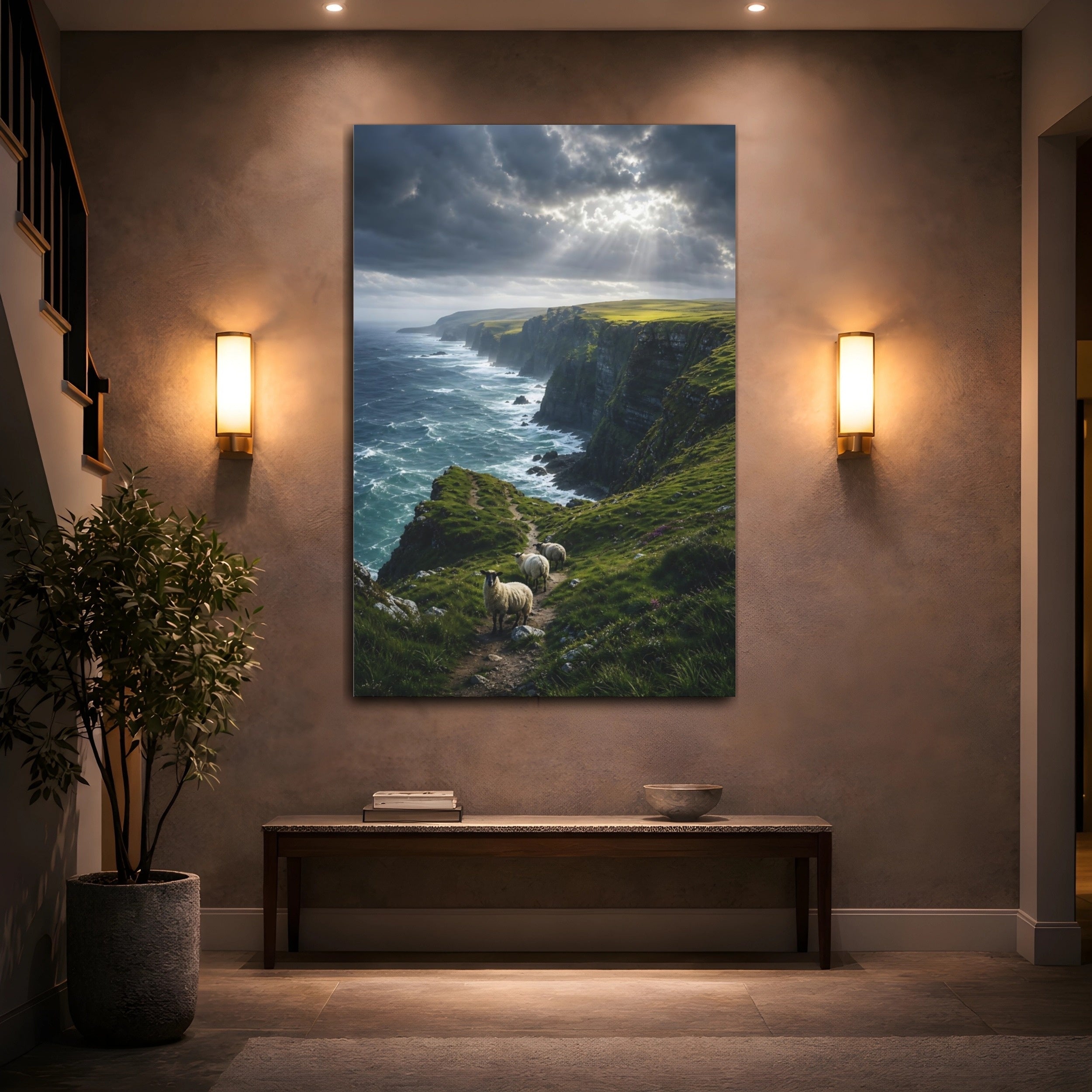 Mockup 2. Nature Coastal Cliffs Dramatic Coastal Green shown as stretched canvas wall art