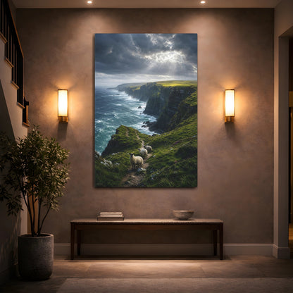 Mockup 2. Nature Coastal Cliffs Dramatic Coastal Green shown as stretched canvas wall art