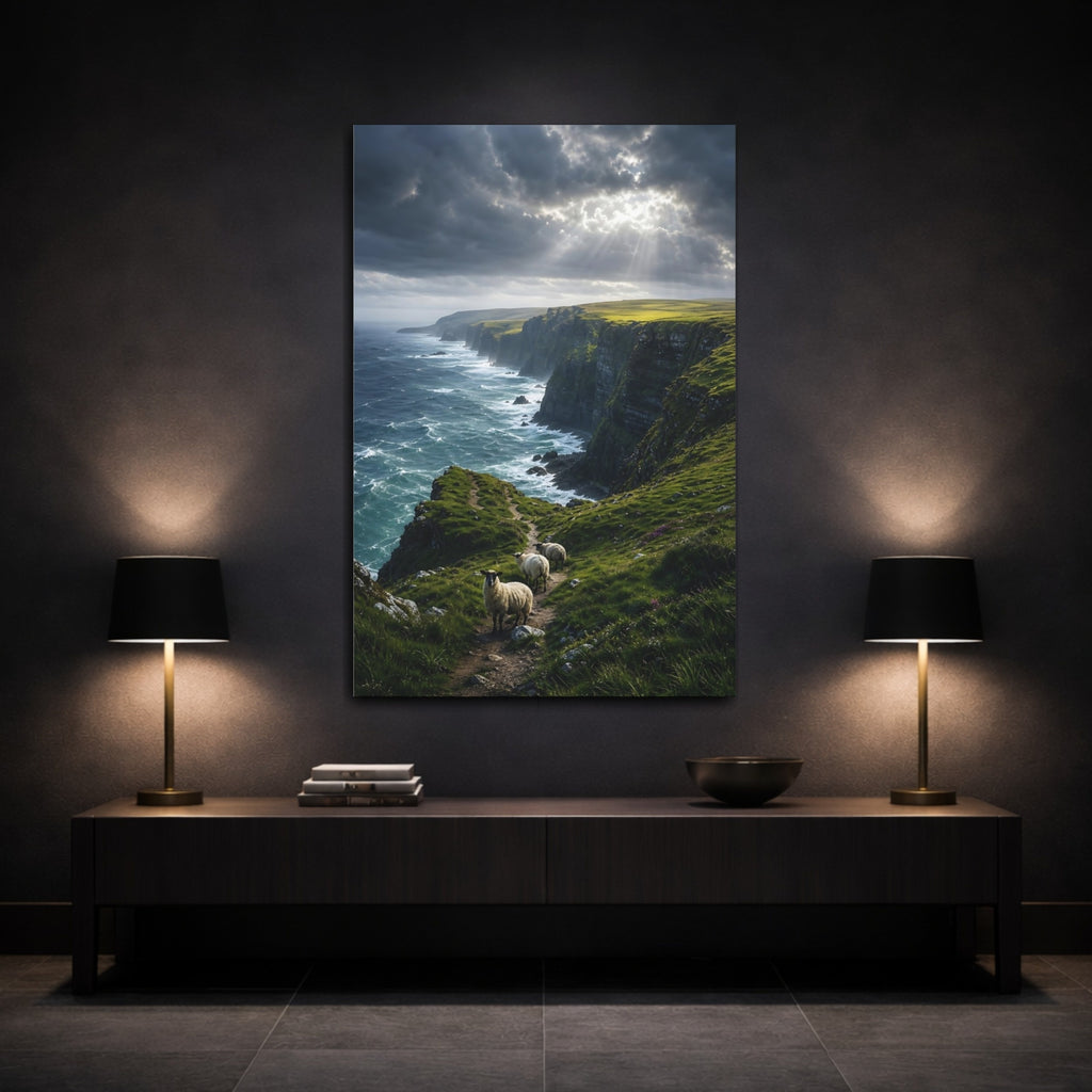 Mockup 3. Nature Coastal Cliffs Dramatic Coastal Green shown as stretched canvas wall art