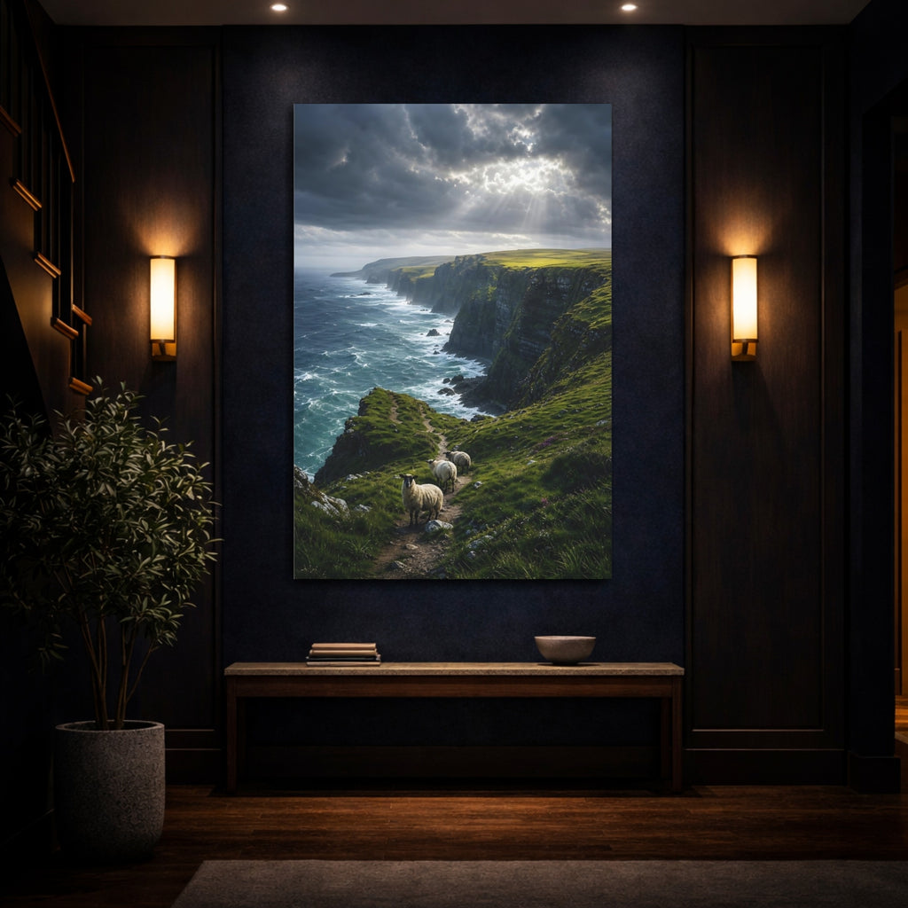 Mockup 4. Nature Coastal Cliffs Dramatic Coastal Green shown as stretched canvas wall art