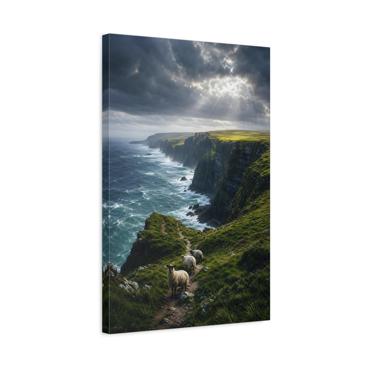 Side Mockup 3. Nature Coastal Cliffs Dramatic Coastal Green shown as stretched canvas wall art