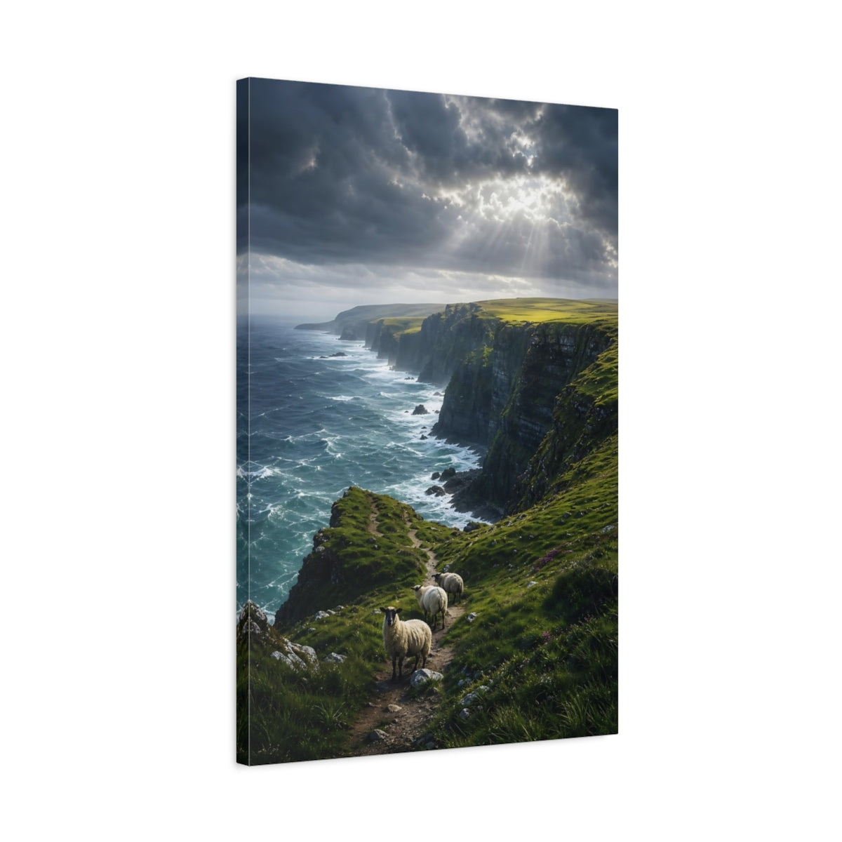 Side Mockup 2. Nature Coastal Cliffs Dramatic Coastal Green shown as stretched canvas wall art