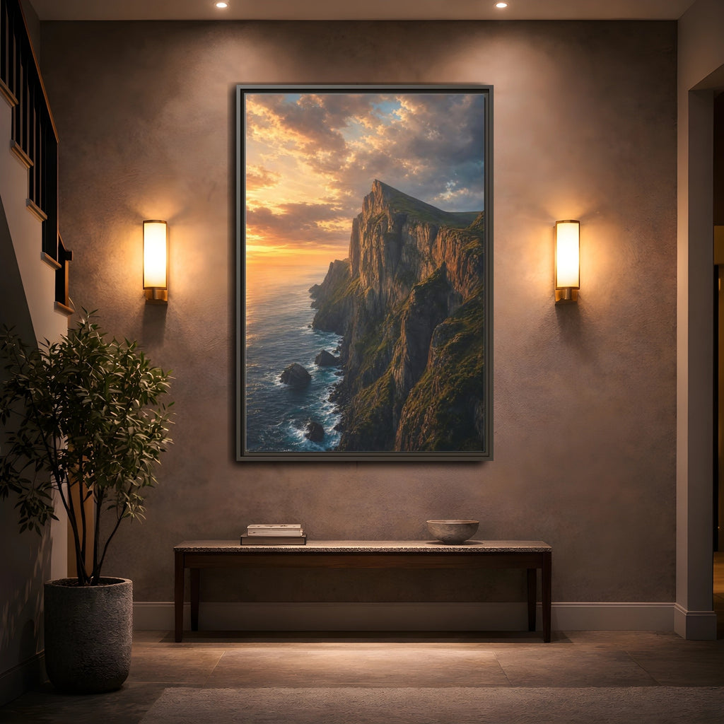 Mockup 2. Nature Coastal Cliffs Golden Sunset Cliffs shown as stretched canvas wall art