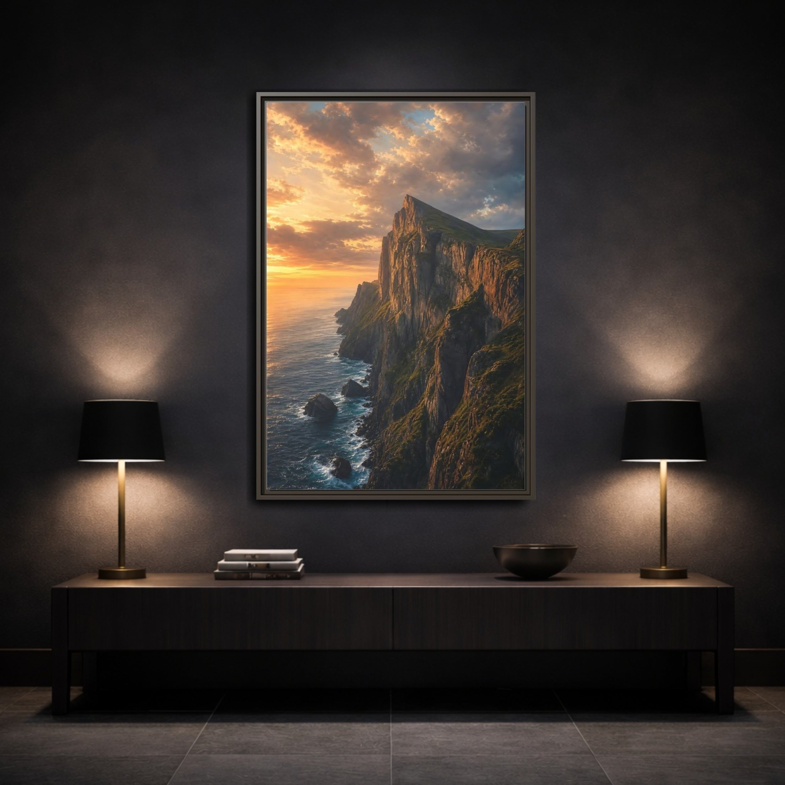 Mockup 3. Nature Coastal Cliffs Golden Sunset Cliffs shown as stretched canvas wall art