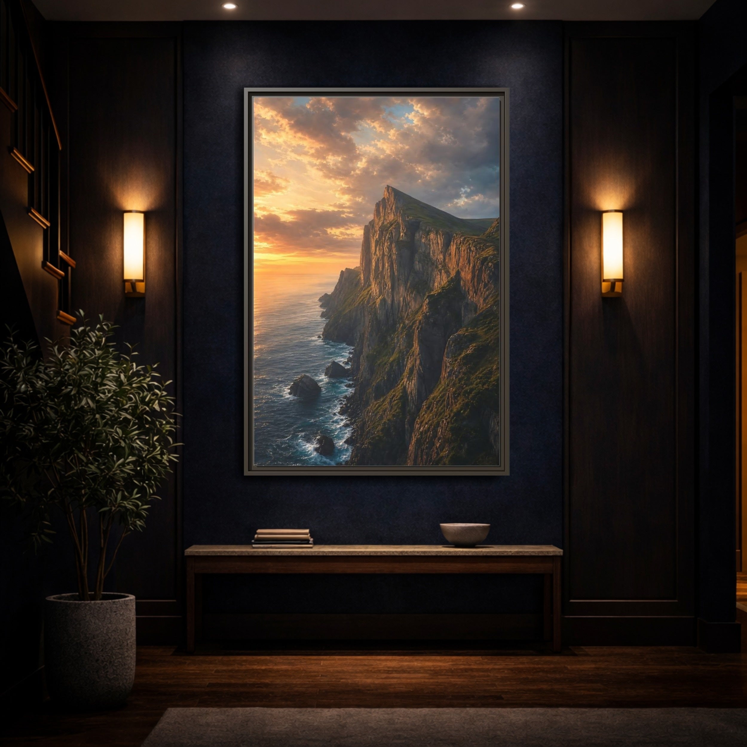 Mockup 4. Nature Coastal Cliffs Golden Sunset Cliffs shown as stretched canvas wall art