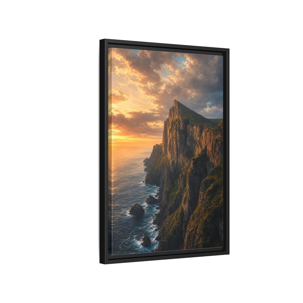 Side Mockup 3. Nature Coastal Cliffs Golden Sunset Cliffs shown as stretched canvas wall art