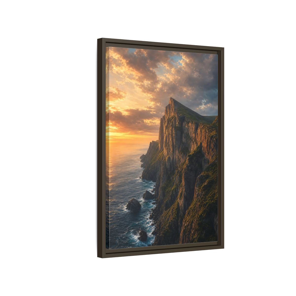 Side Mockup 2. Nature Coastal Cliffs Golden Sunset Cliffs shown as stretched canvas wall art