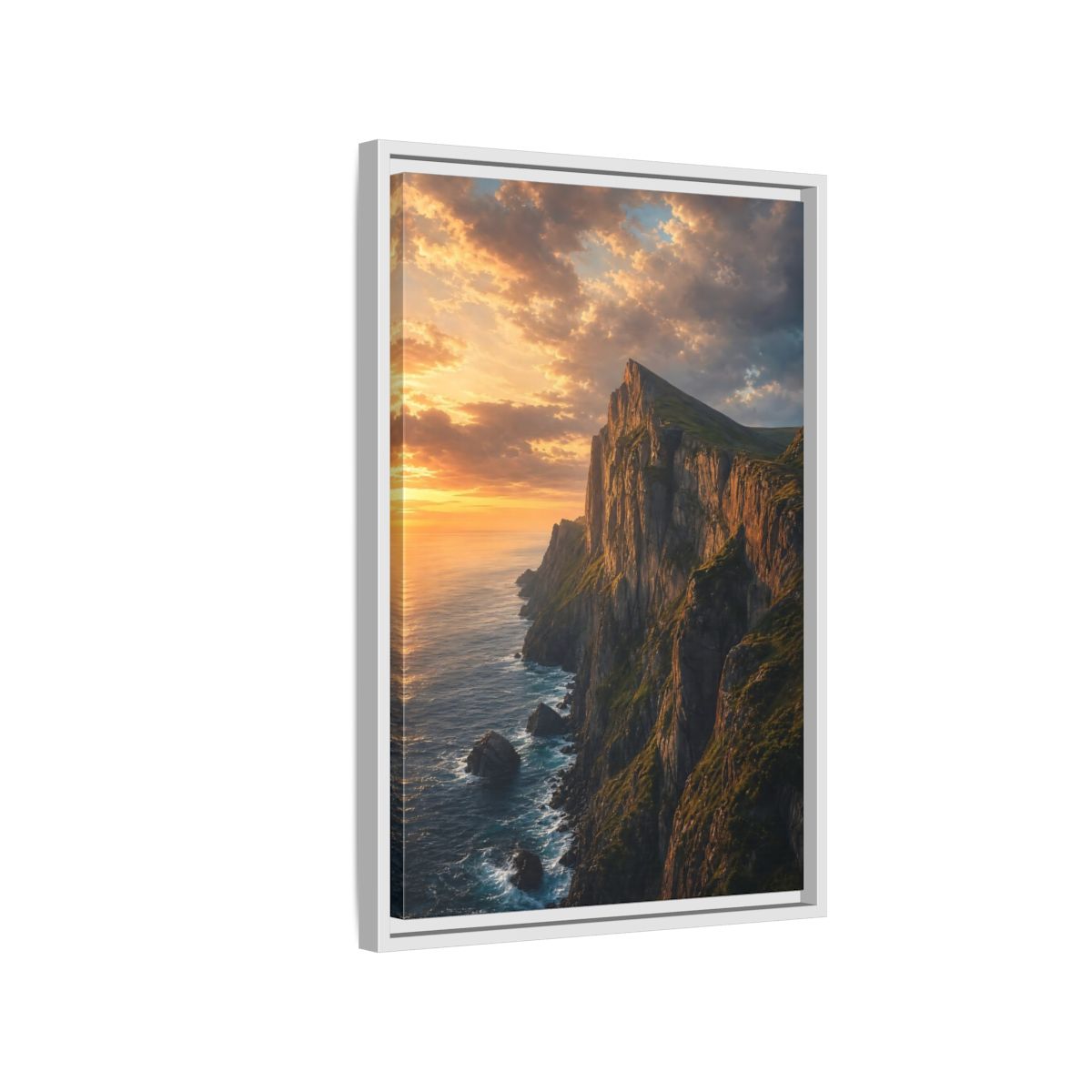 Side Mockup 1. Nature Coastal Cliffs Golden Sunset Cliffs shown as stretched canvas wall art