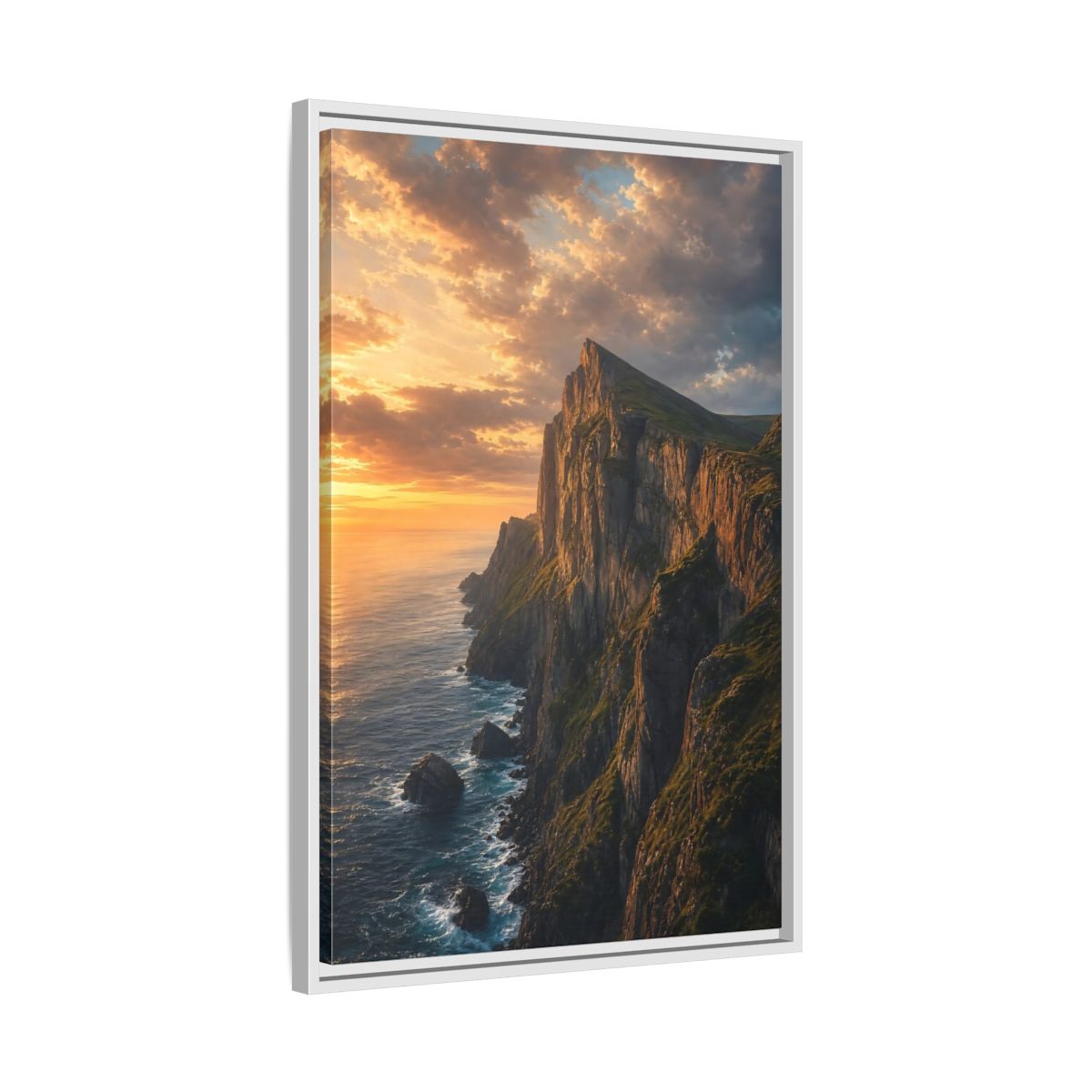 Side Mockup 10. Nature Coastal Cliffs Golden Sunset Cliffs shown as stretched canvas wall art