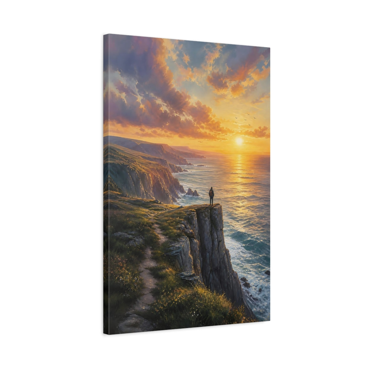 Side Mockup 2. Nature Coastal Cliffs Orange Sunset Cliffs shown as stretched canvas wall art