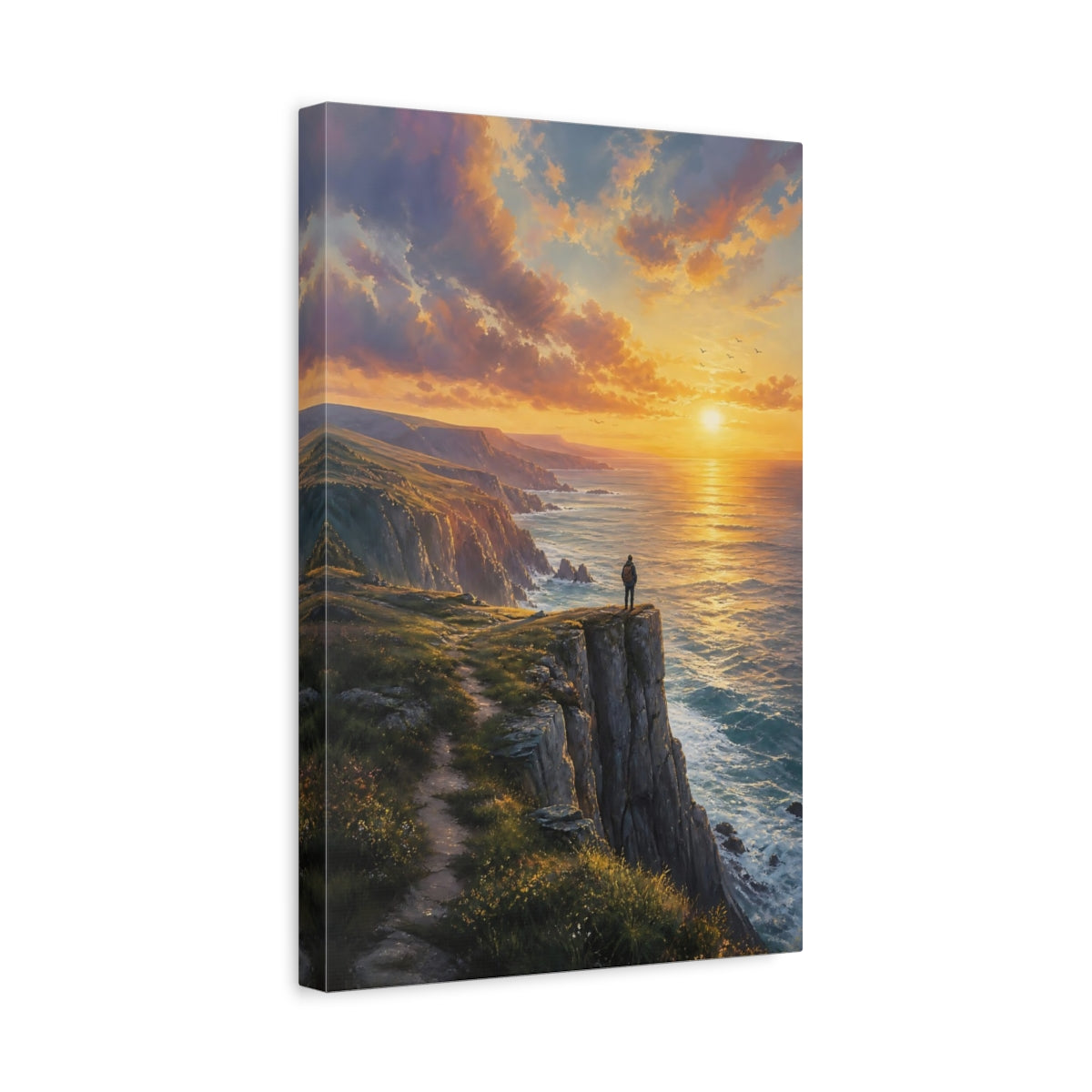 Side Mockup 4. Nature Coastal Cliffs Orange Sunset Cliffs shown as stretched canvas wall art