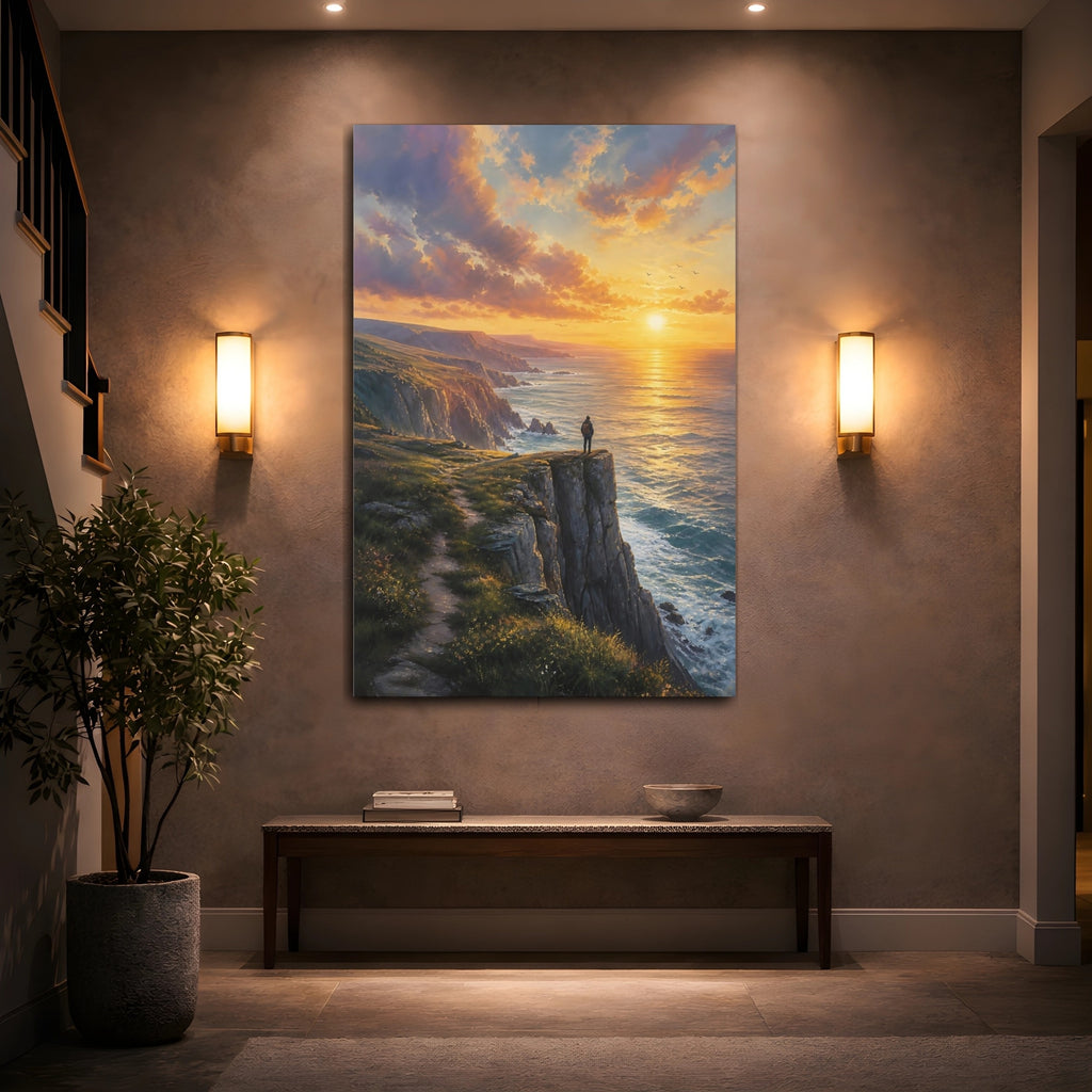 Mockup 2. Nature Coastal Cliffs Orange Sunset Cliffs shown as stretched canvas wall art