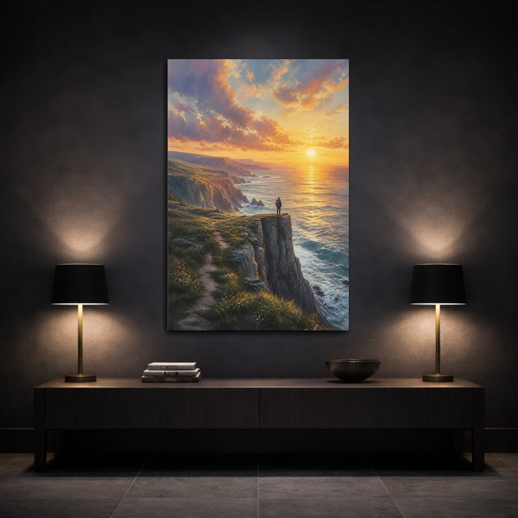 Mockup 3. Nature Coastal Cliffs Orange Sunset Cliffs shown as stretched canvas wall art