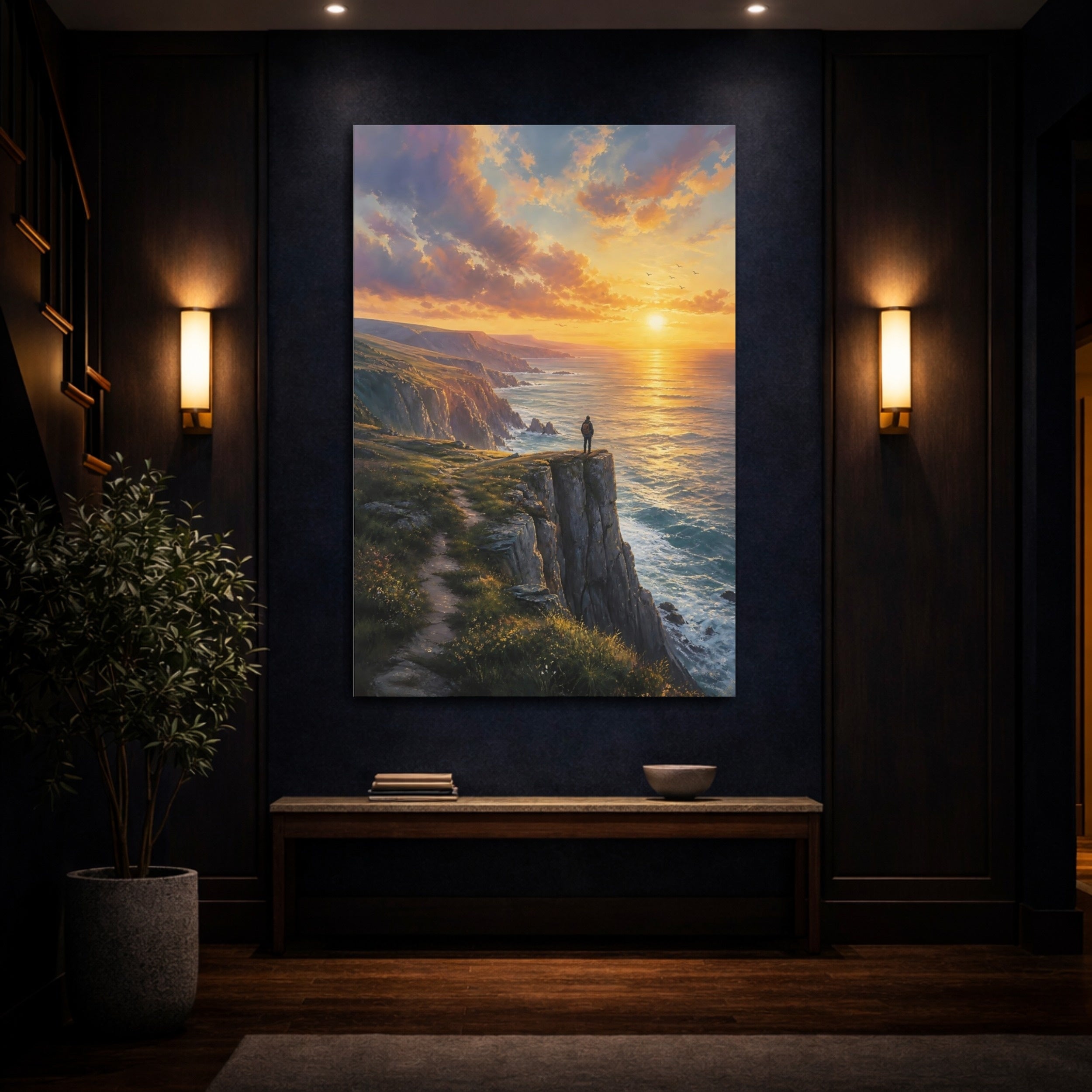 Mockup 4. Nature Coastal Cliffs Orange Sunset Cliffs shown as stretched canvas wall art