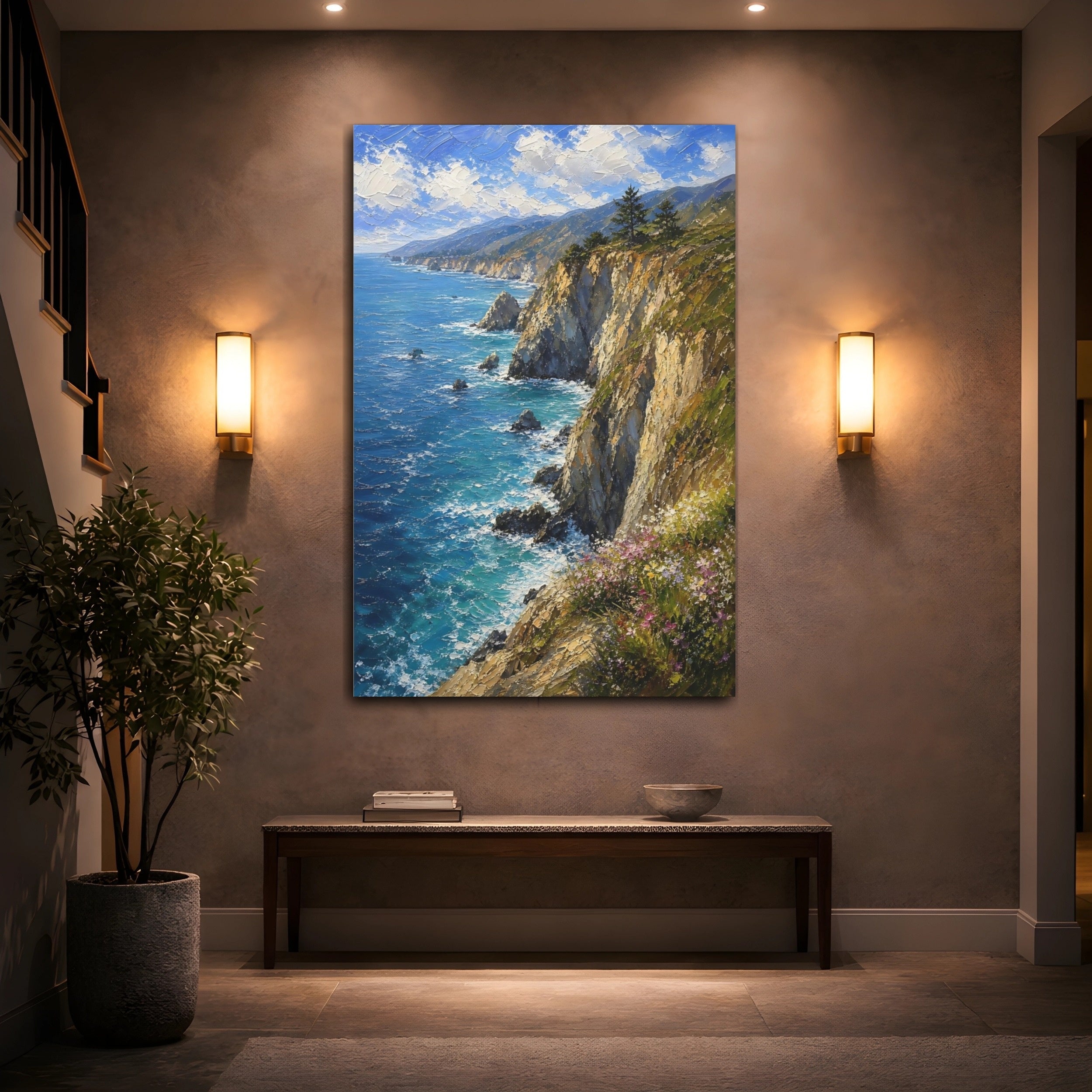 Mockup 2. Nature Coastal Cliffs Vibrant Coastal shown as stretched canvas wall art