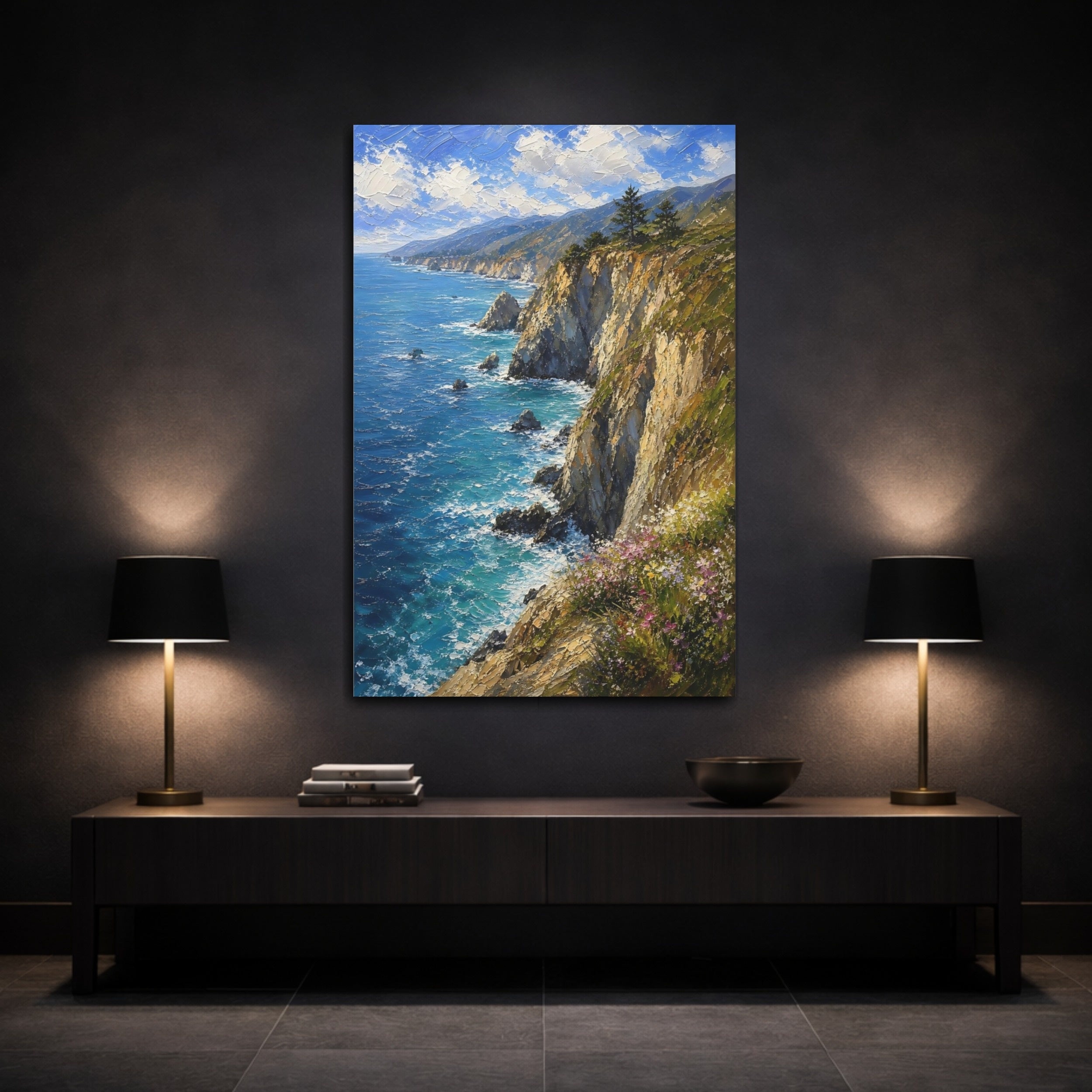 Mockup 3. Nature Coastal Cliffs Vibrant Coastal shown as stretched canvas wall art