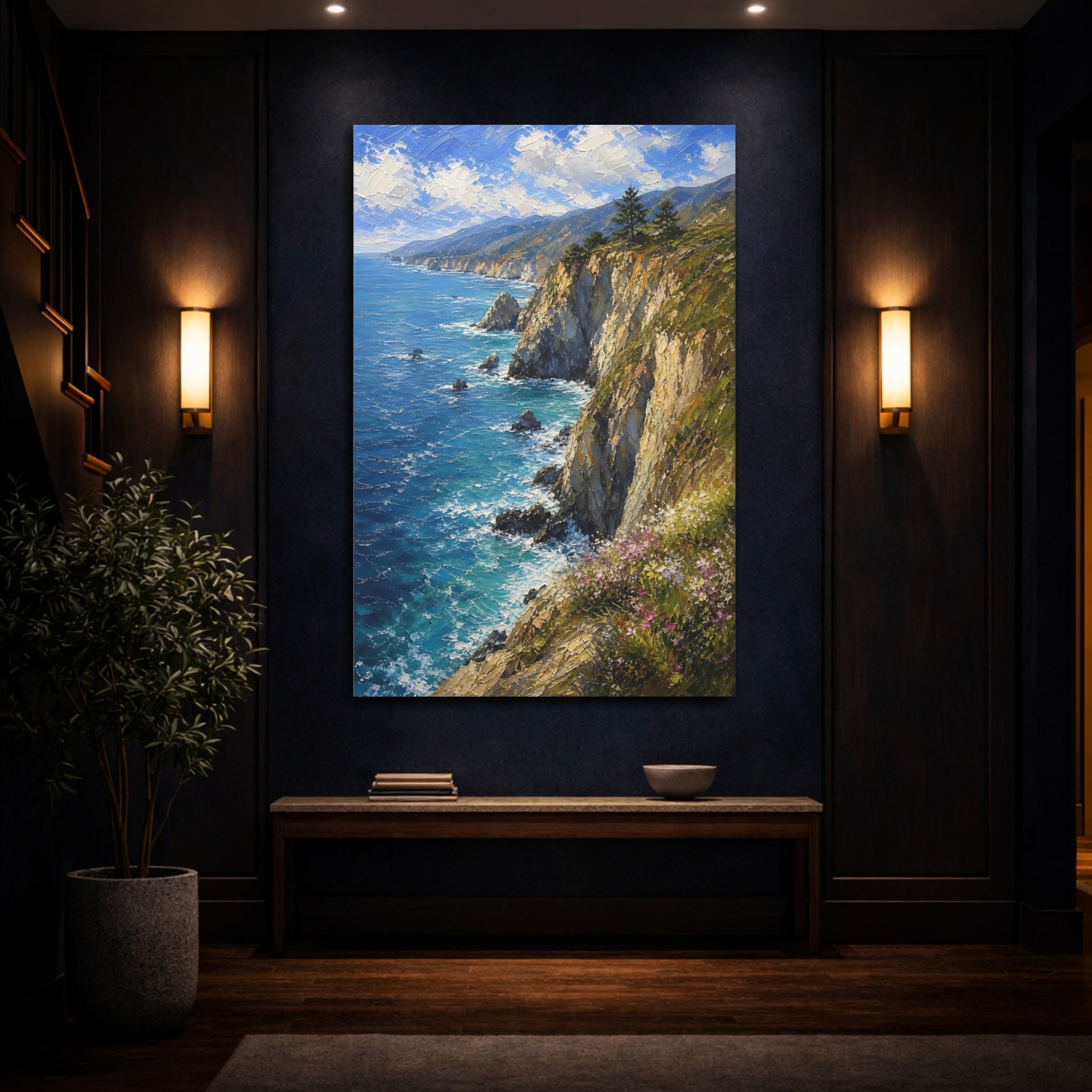 Mockup 4. Nature Coastal Cliffs Vibrant Coastal shown as stretched canvas wall art