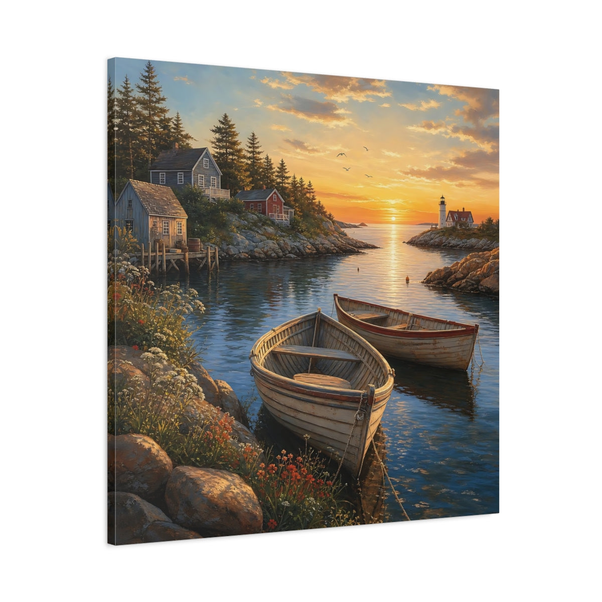 Main Mockup. Nature Coastal Harbor Coastal Sunset shown as stretched canvas wall art