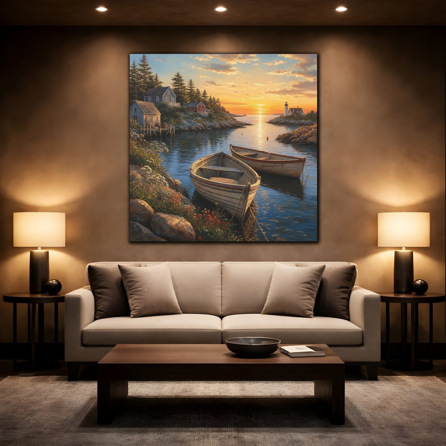 Mockup 2. Nature Coastal Harbor Coastal Sunset shown as stretched canvas wall art