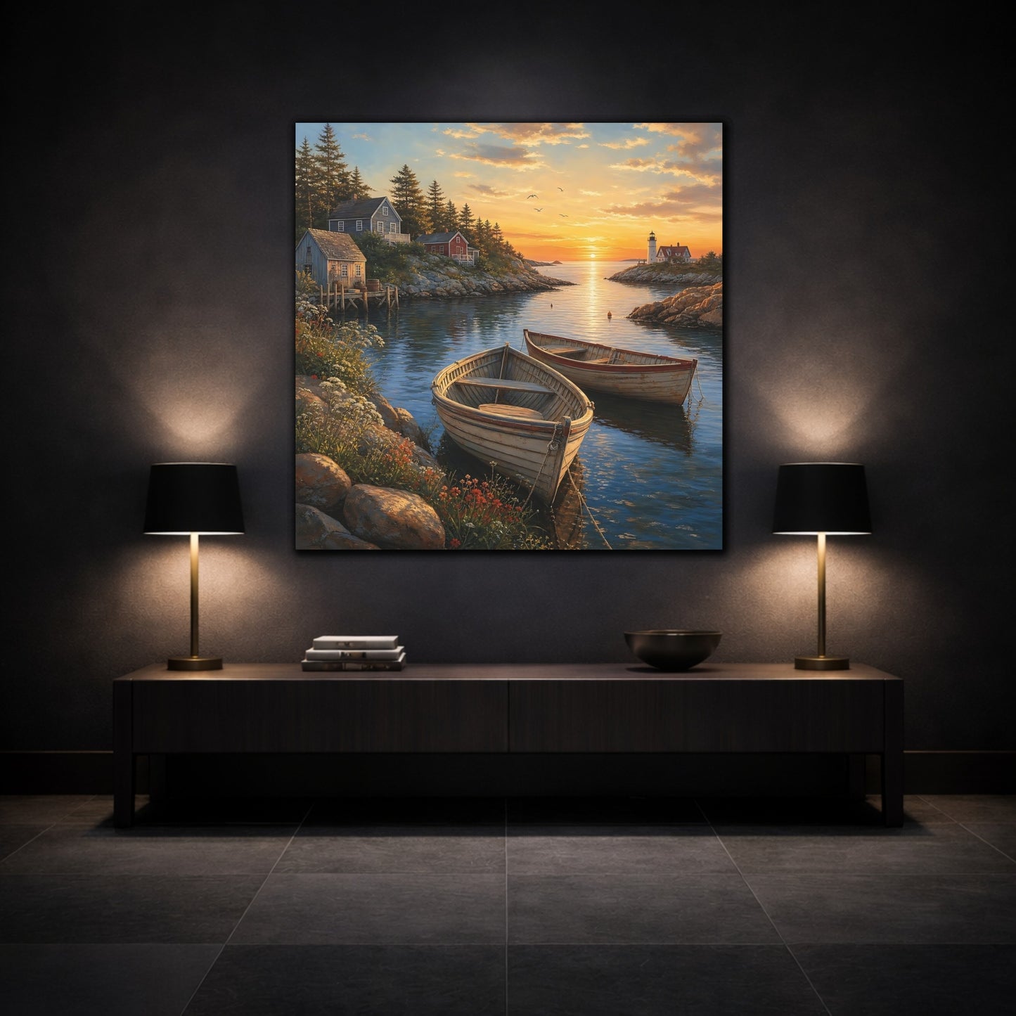 Mockup 3. Nature Coastal Harbor Coastal Sunset shown as stretched canvas wall art