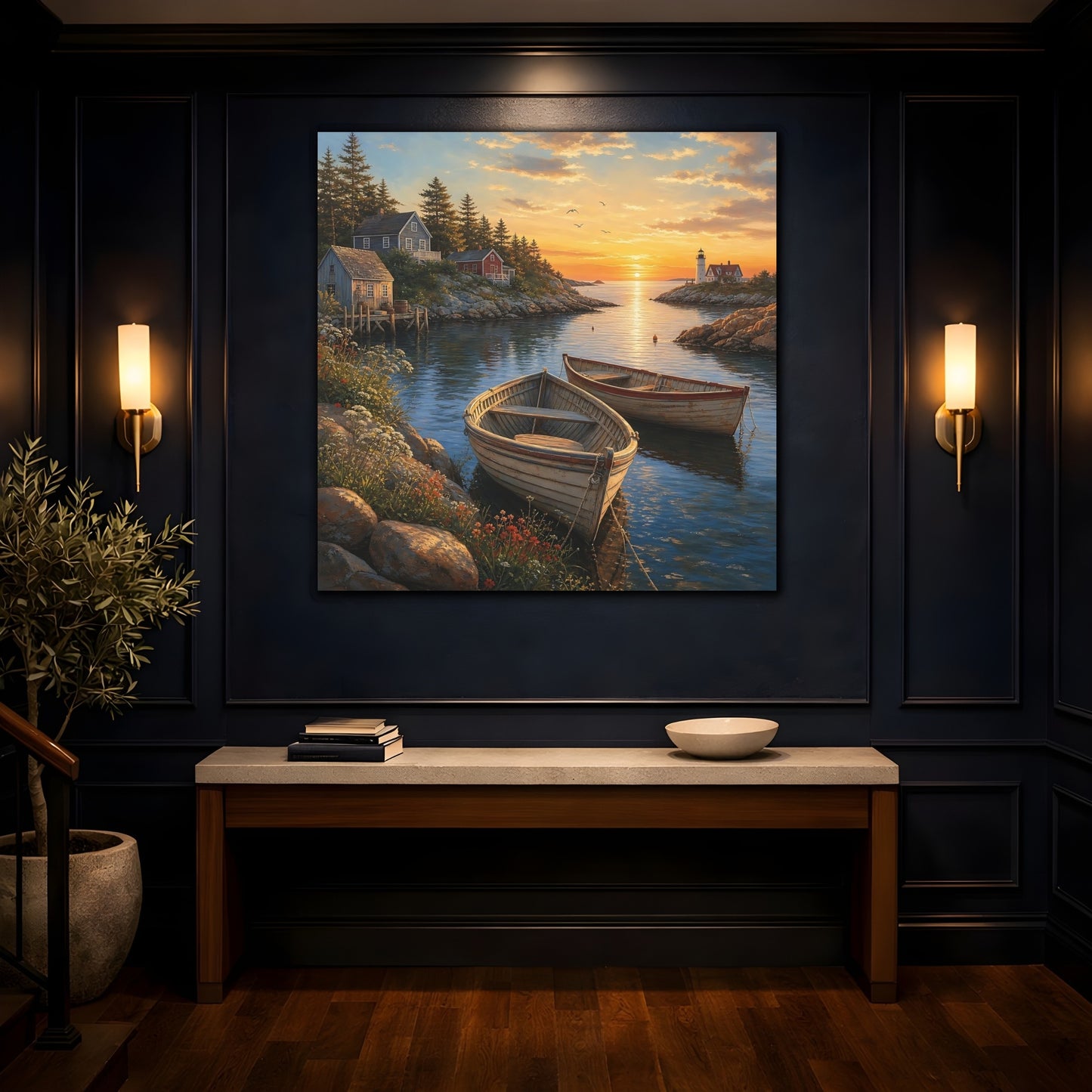 Mockup 4. Nature Coastal Harbor Coastal Sunset shown as stretched canvas wall art