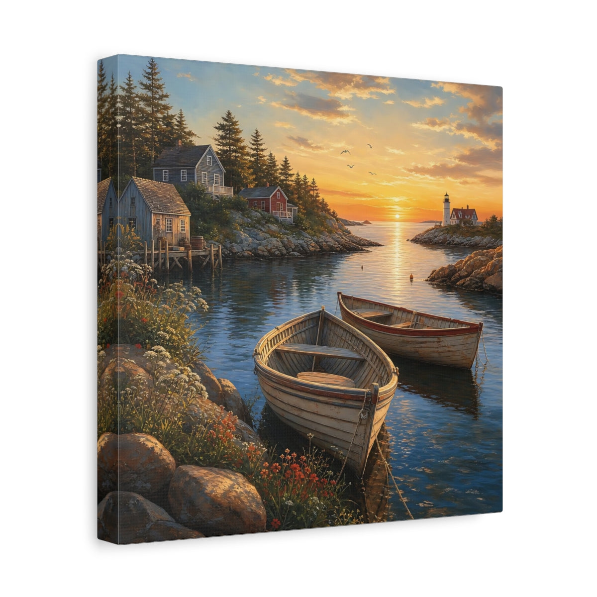 Side Mockup 8. Nature Coastal Harbor Coastal Sunset shown as stretched canvas wall art