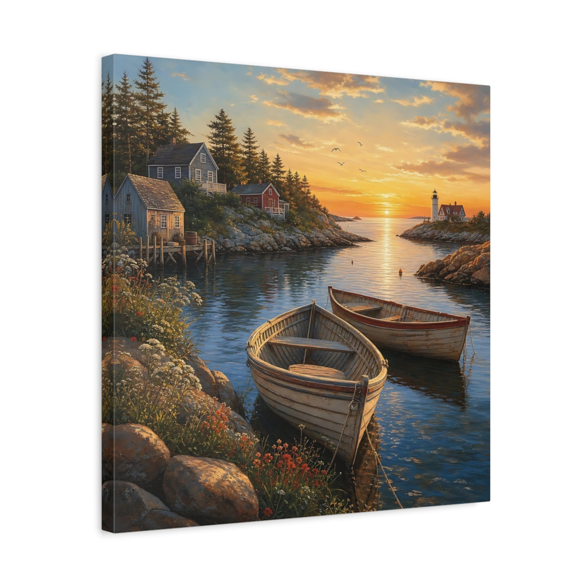 Side Mockup 5. Nature Coastal Harbor Coastal Sunset shown as stretched canvas wall art