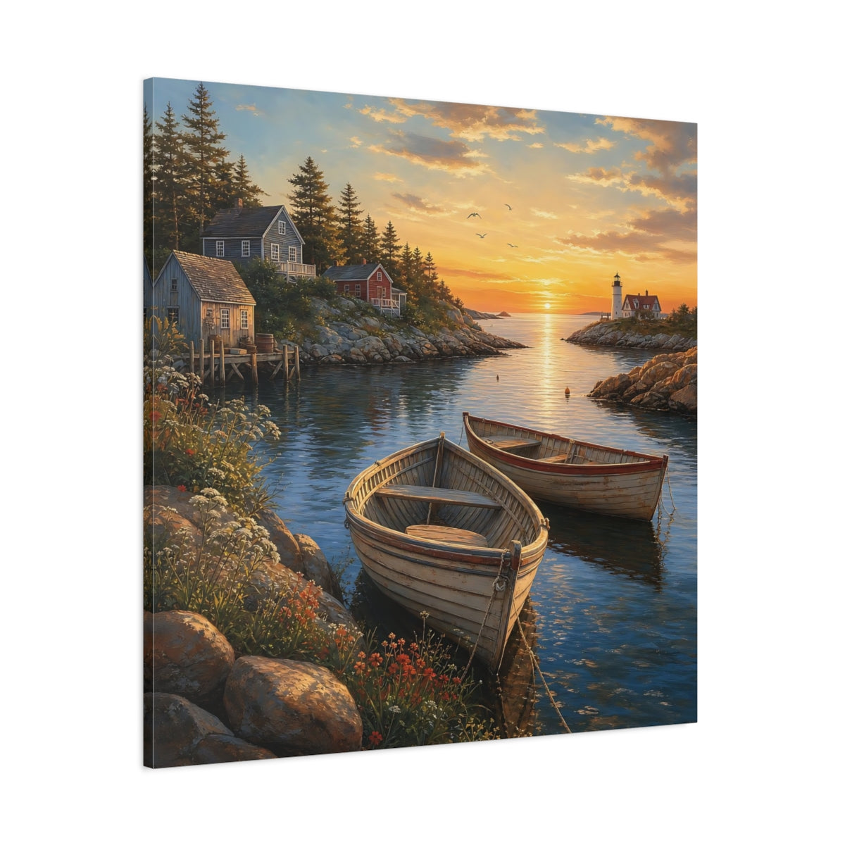 Side Mockup 1. Nature Coastal Harbor Coastal Sunset shown as stretched canvas wall art