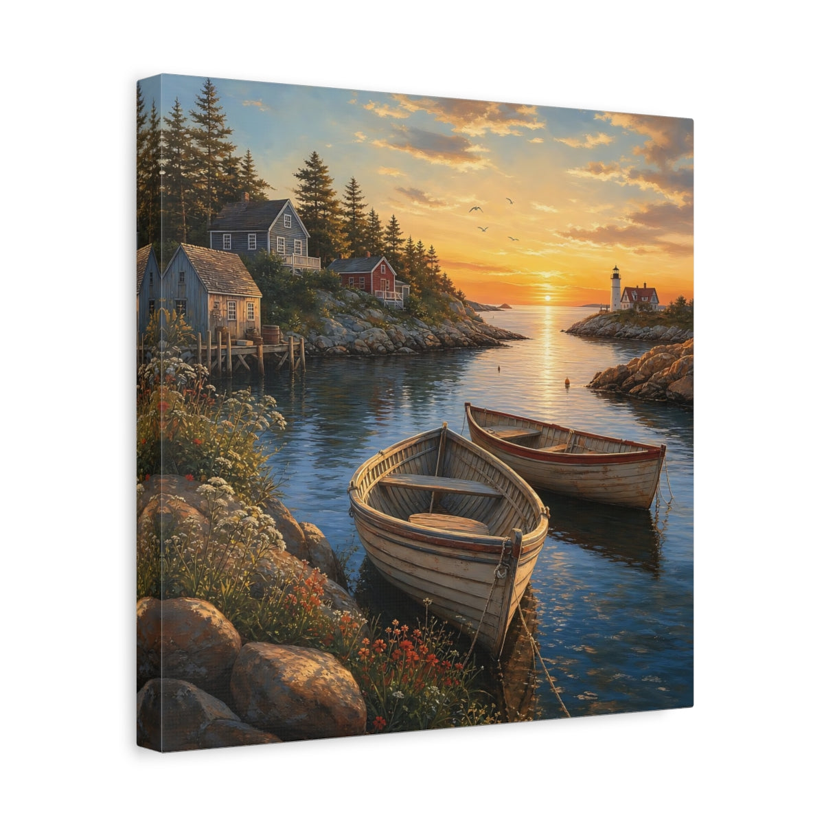 Side Mockup 7. Nature Coastal Harbor Coastal Sunset shown as stretched canvas wall art