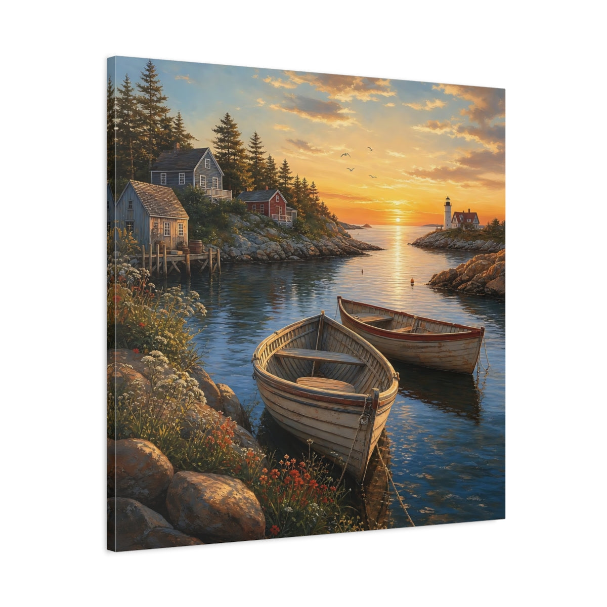 Side Mockup 3. Nature Coastal Harbor Coastal Sunset shown as stretched canvas wall art