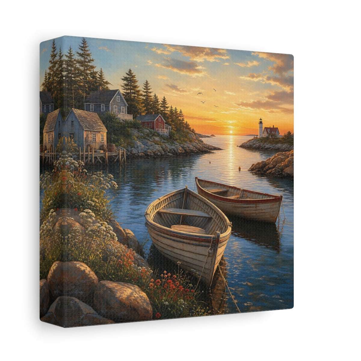 Side Mockup 2. Nature Coastal Harbor Coastal Sunset shown as stretched canvas wall art