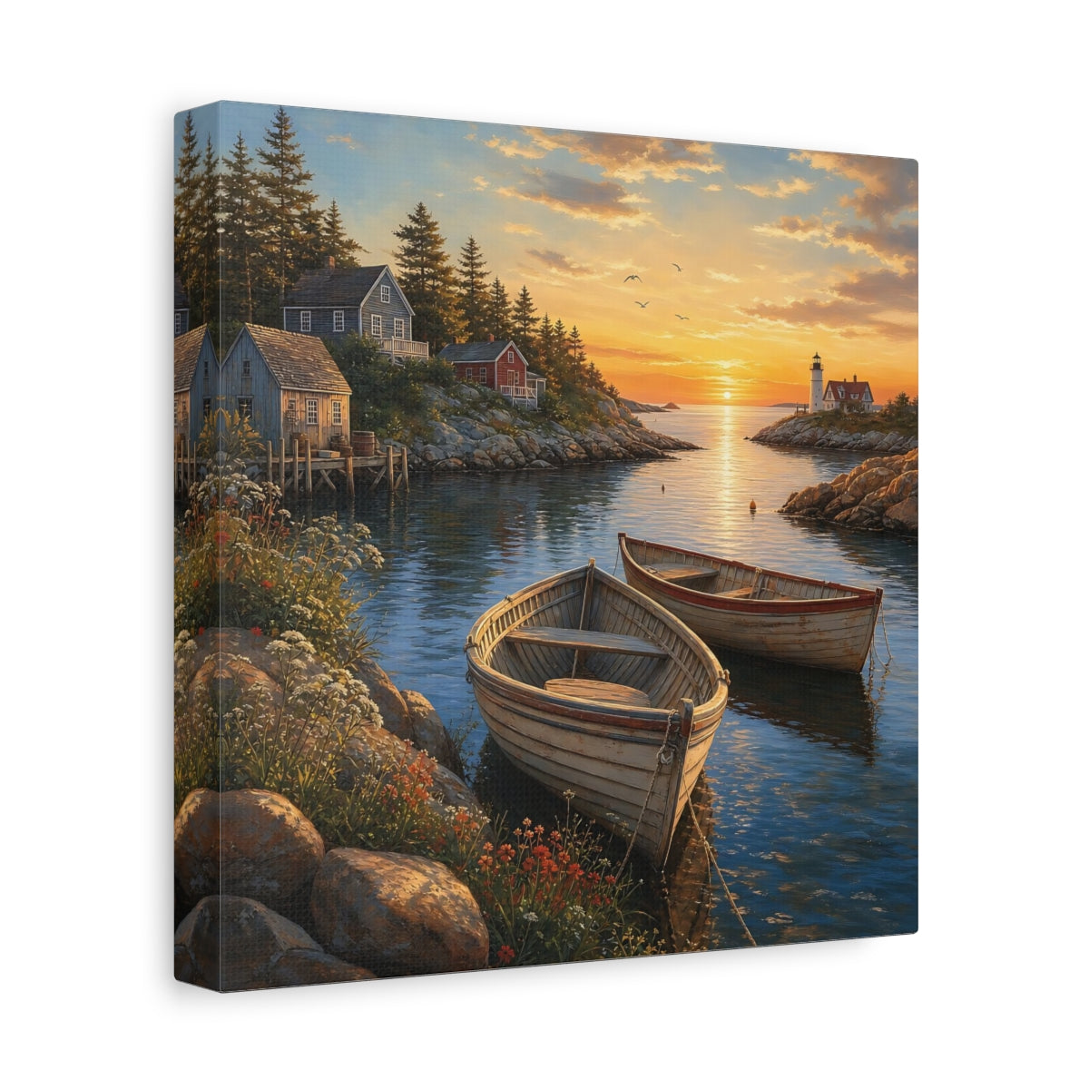 Side Mockup 9. Nature Coastal Harbor Coastal Sunset shown as stretched canvas wall art