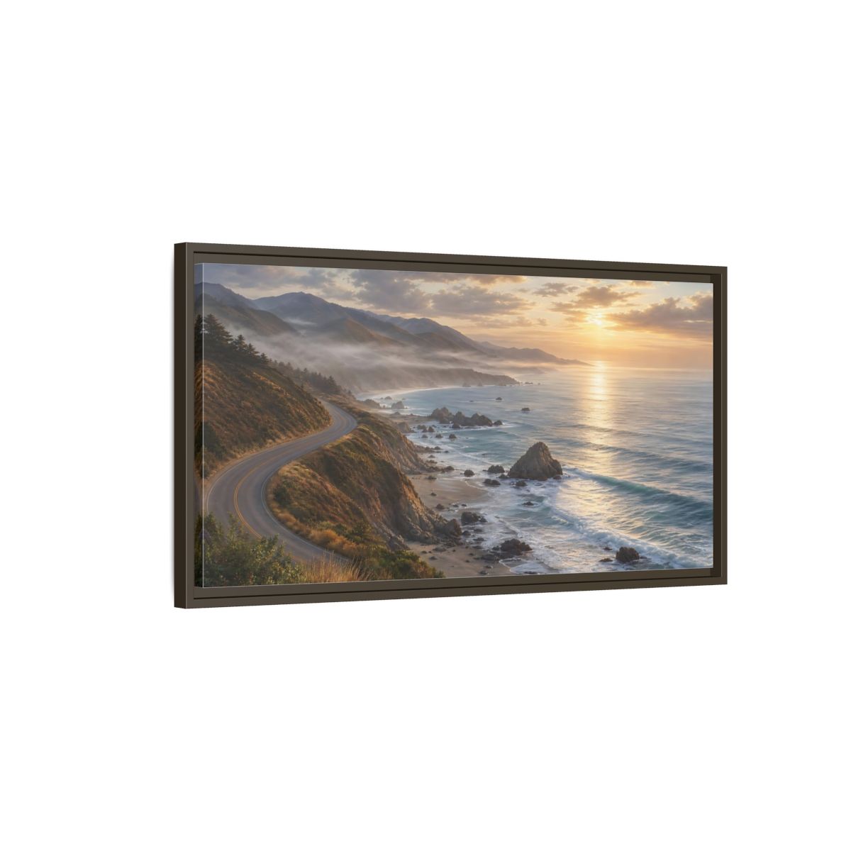 Main Mockup. Nature Coastal Highway Golden Hour Coast shown as stretched canvas wall art