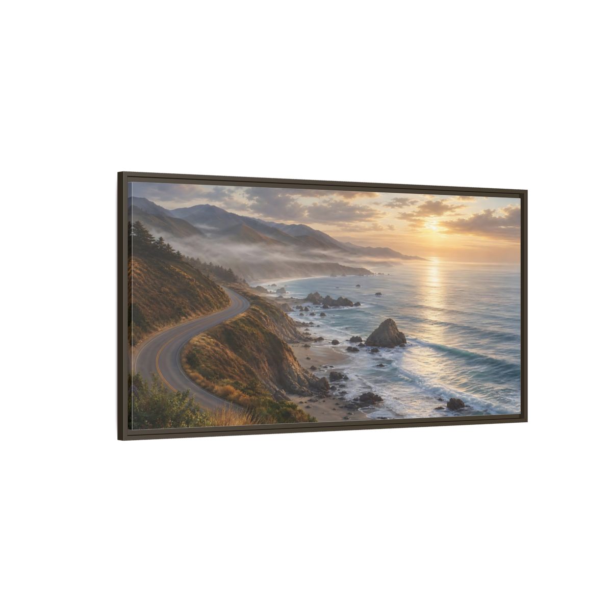 Side Mockup 4. Nature Coastal Highway Golden Hour Coast shown as stretched canvas wall art