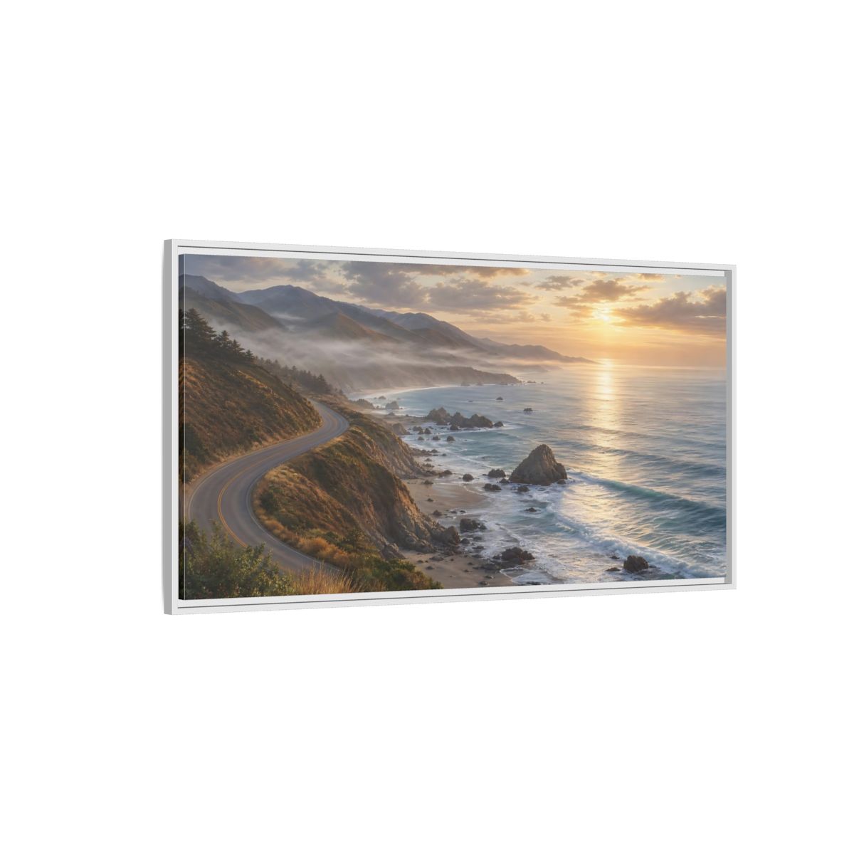 Side Mockup 3. Nature Coastal Highway Golden Hour Coast shown as stretched canvas wall art